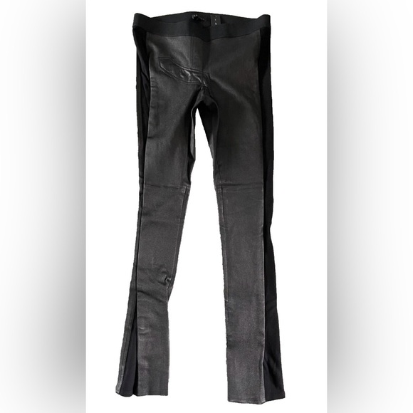 THEORY Genuine Leather Stretch Paneled Arrow Black Leggings Slimming Pants 8 NWT